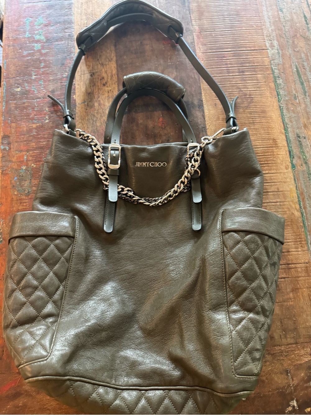 Jimmy Choo Olive Green Leather Tote Bag with Chain Detail
